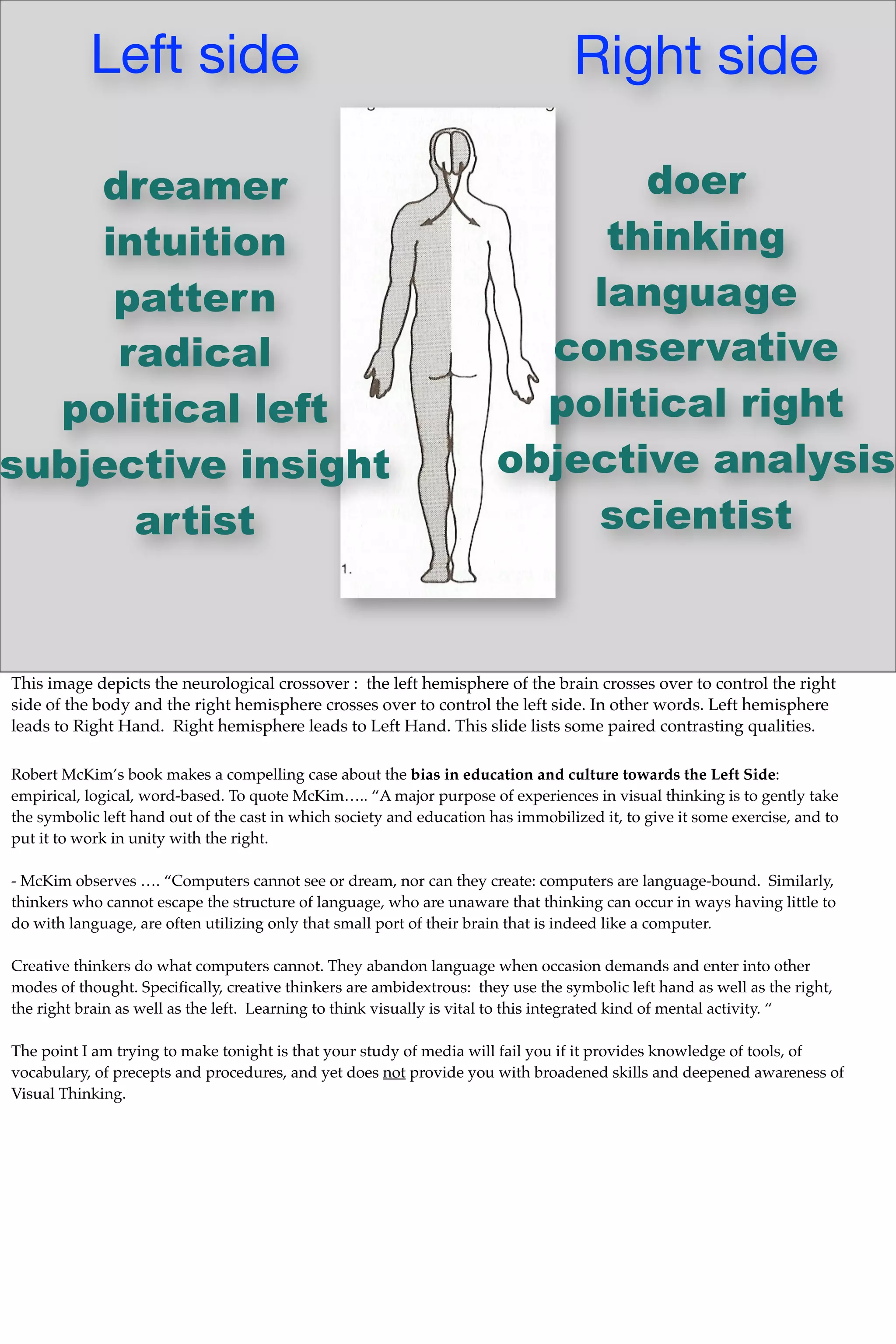 Left side Right side
dreamer
intuition
pattern
radical
political left
subjective insight
artist
doer
thinking
language
conservative
political right
objective analysis
scientist
This image depicts the neurological crossover : the left hemisphere of the brain crosses over to control the right
side of the body and the right hemisphere crosses over to control the left side. In other words. Left hemisphere
leads to Right Hand. Right hemisphere leads to Left Hand. This slide lists some paired contrasting qualities.
Robert McKim’s book makes a compelling case about the bias in education and culture towards the Left Side:
empirical, logical, word-based. To quote McKim….. “A major purpose of experiences in visual thinking is to gently take
the symbolic left hand out of the cast in which society and education has immobilized it, to give it some exercise, and to
put it to work in unity with the right.
- McKim observes …. “Computers cannot see or dream, nor can they create: computers are language-bound. Similarly,
thinkers who cannot escape the structure of language, who are unaware that thinking can occur in ways having little to
do with language, are often utilizing only that small port of their brain that is indeed like a computer.
Creative thinkers do what computers cannot. They abandon language when occasion demands and enter into other
modes of thought. Speciﬁcally, creative thinkers are ambidextrous: they use the symbolic left hand as well as the right,
the right brain as well as the left. Learning to think visually is vital to this integrated kind of mental activity. “
The point I am trying to make tonight is that your study of media will fail you if it provides knowledge of tools, of
vocabulary, of precepts and procedures, and yet does not provide you with broadened skills and deepened awareness of
Visual Thinking.
 