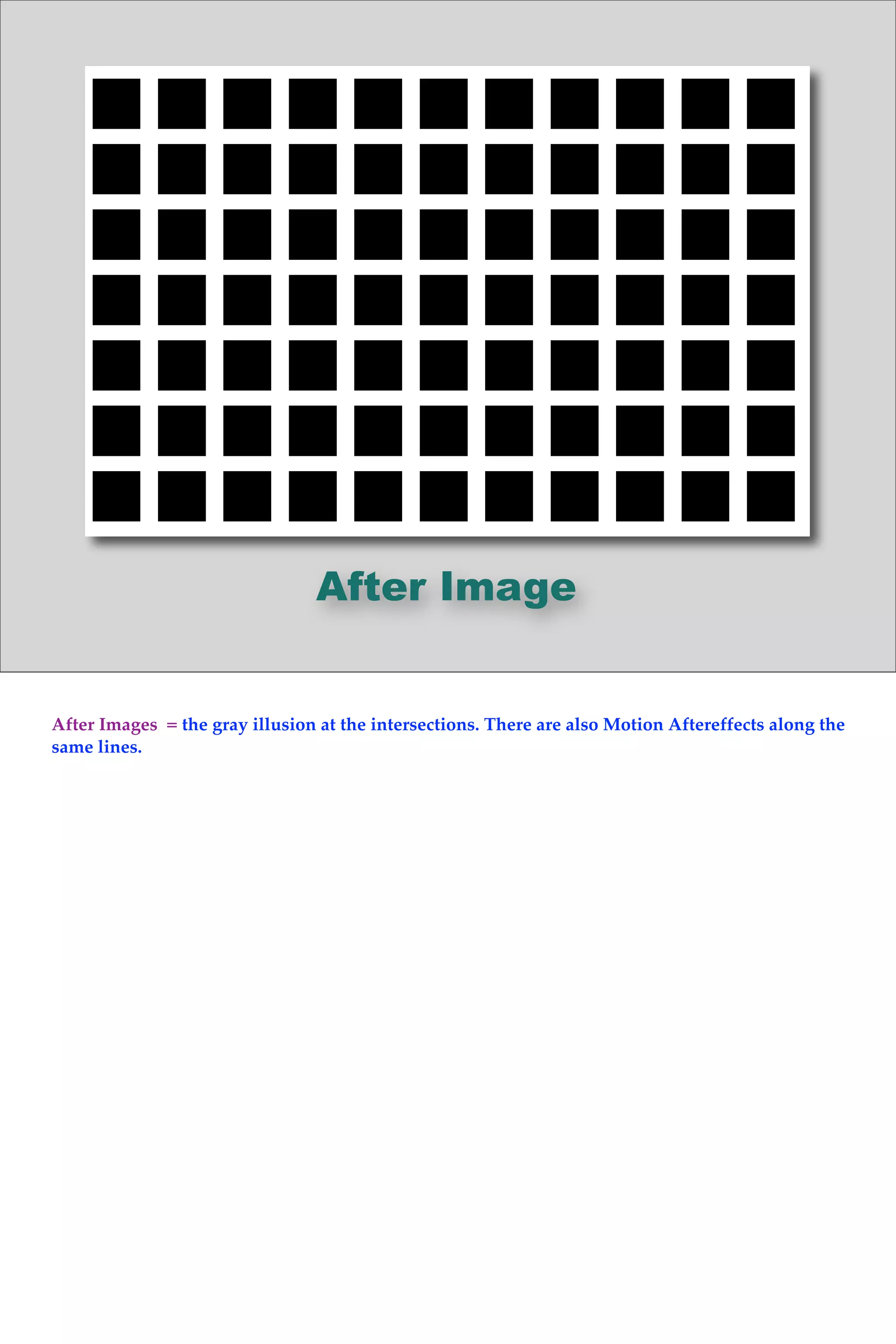 After Image
After Images = the gray illusion at the intersections. There are also Motion Aftereffects along the
same lines.
 