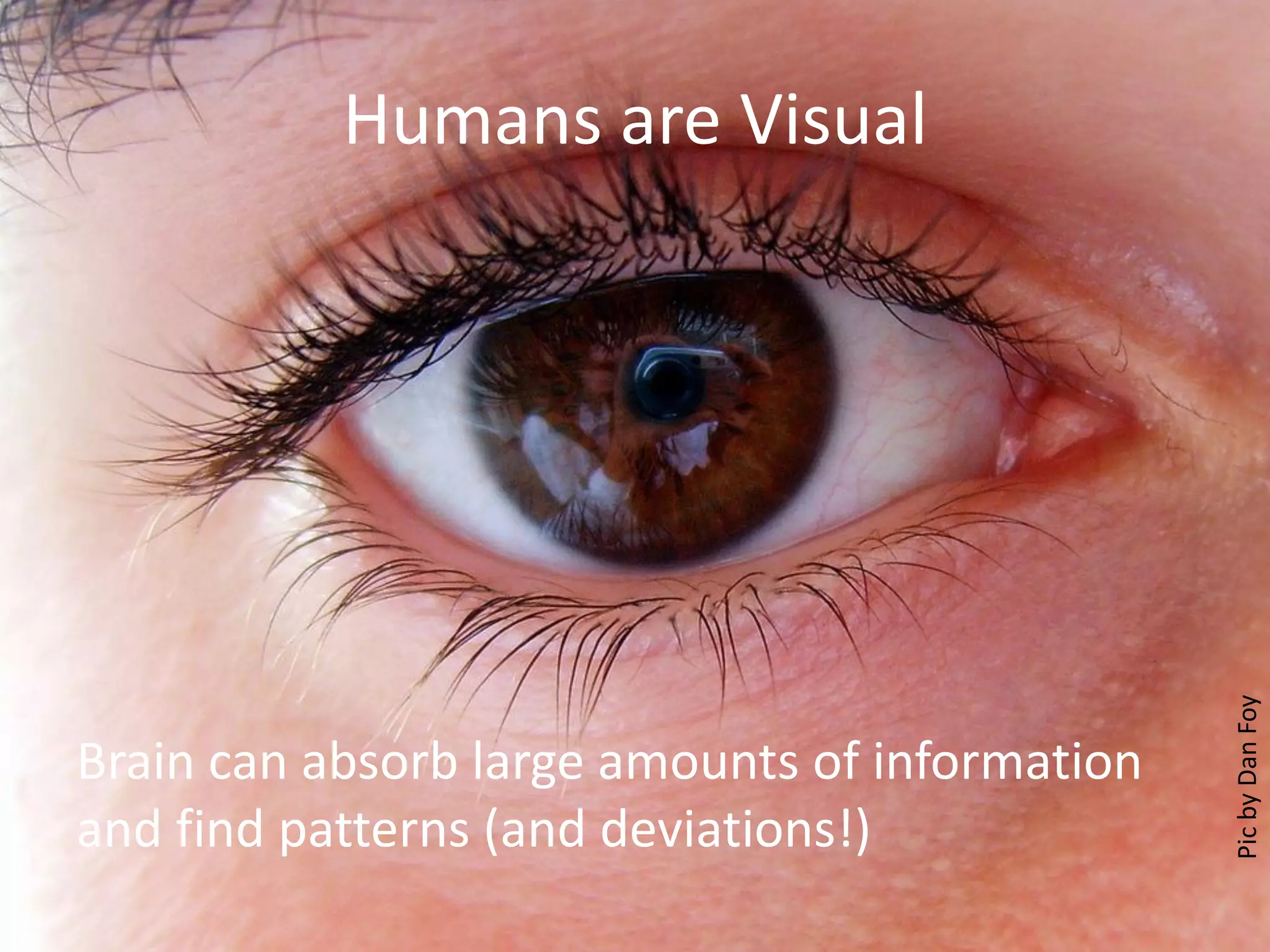 Humans are Visual
Brain can absorb large amounts of information
and find patterns (and deviations!)
PicbyDanFoy
 