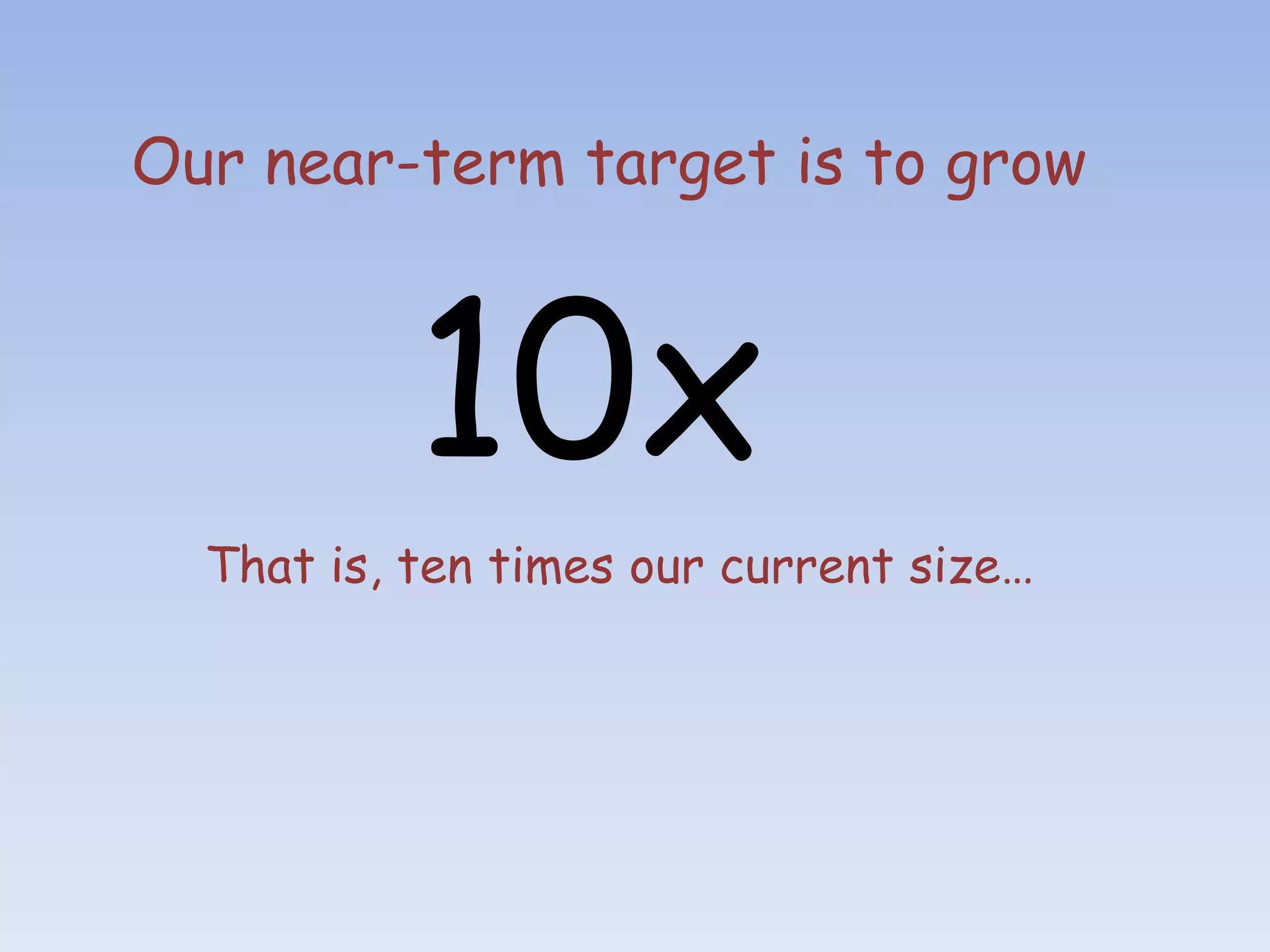 Our near-term target is to grow



           10x
  That is, ten times our current size…
 