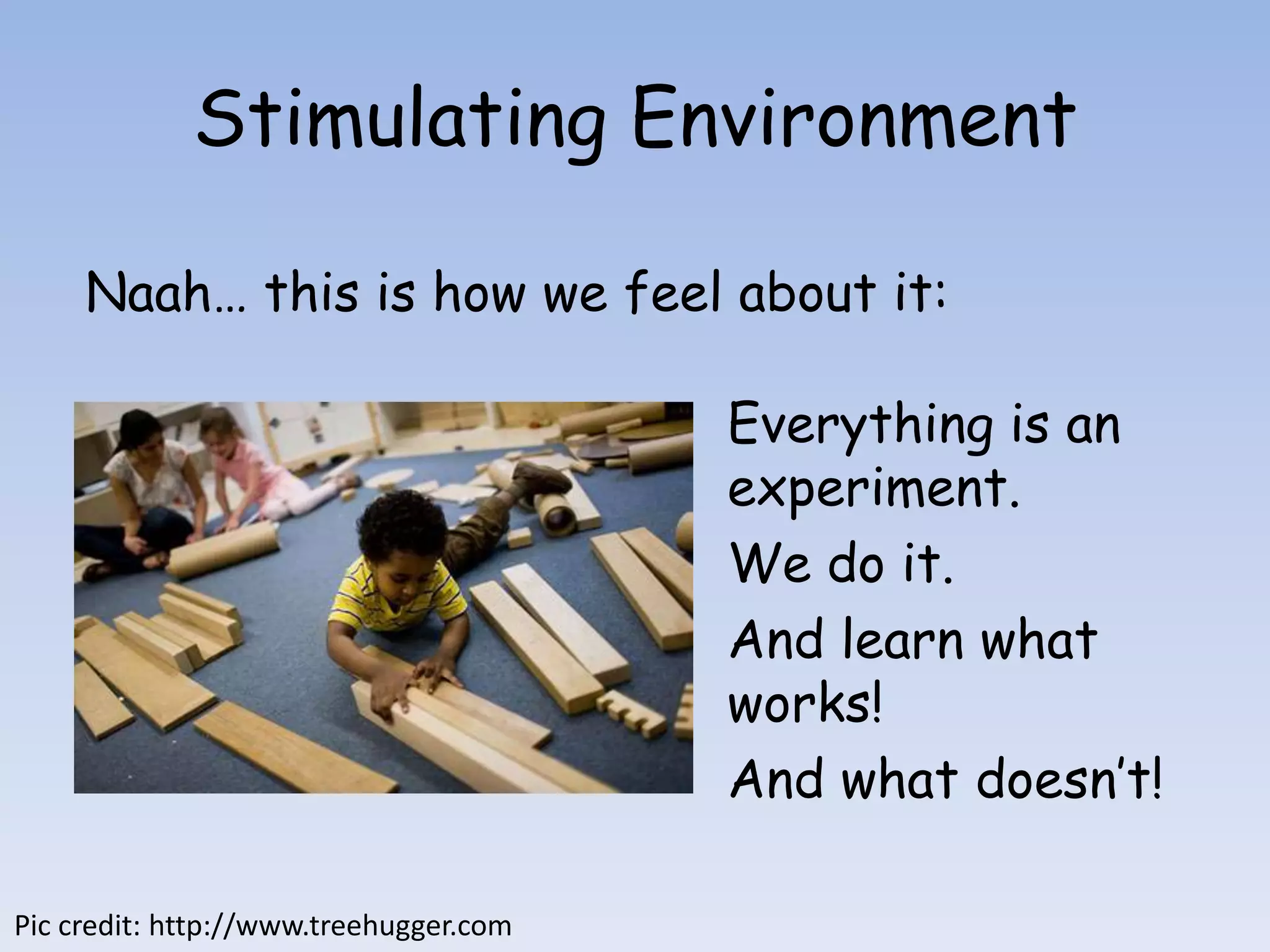 Stimulating Environment

     Naah… this is how we feel about it:

                                        Everything is an
                                        experiment.
                                        We do it.
                                        And learn what
                                        works!
                                        And what doesn’t!

Pic credit: http://www.treehugger.com
 