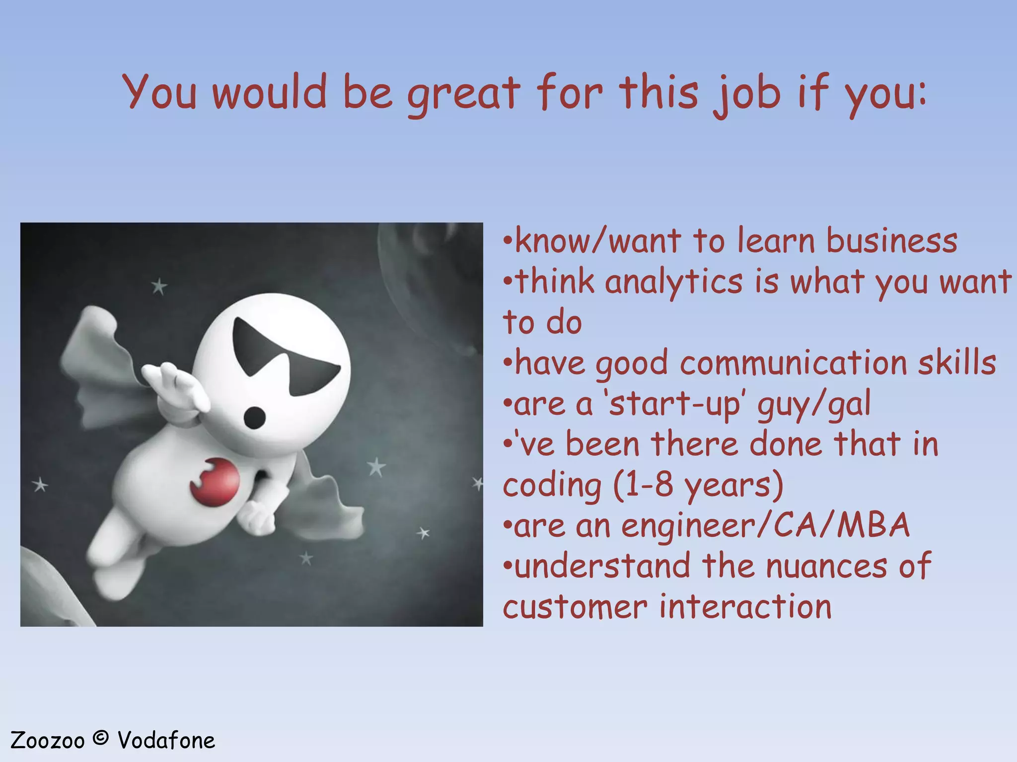 You would be great for this job if you:


                           •know/want to learn business
                           •think analytics is what you want
                           to do
                           •have good communication skills
                           •are a ‘start-up’ guy/gal
                           •‘ve been there done that in
                           coding (1-8 years)
                           •are an engineer/CA/MBA
                           •understand the nuances of
                           customer interaction


Zoozoo © Vodafone
 