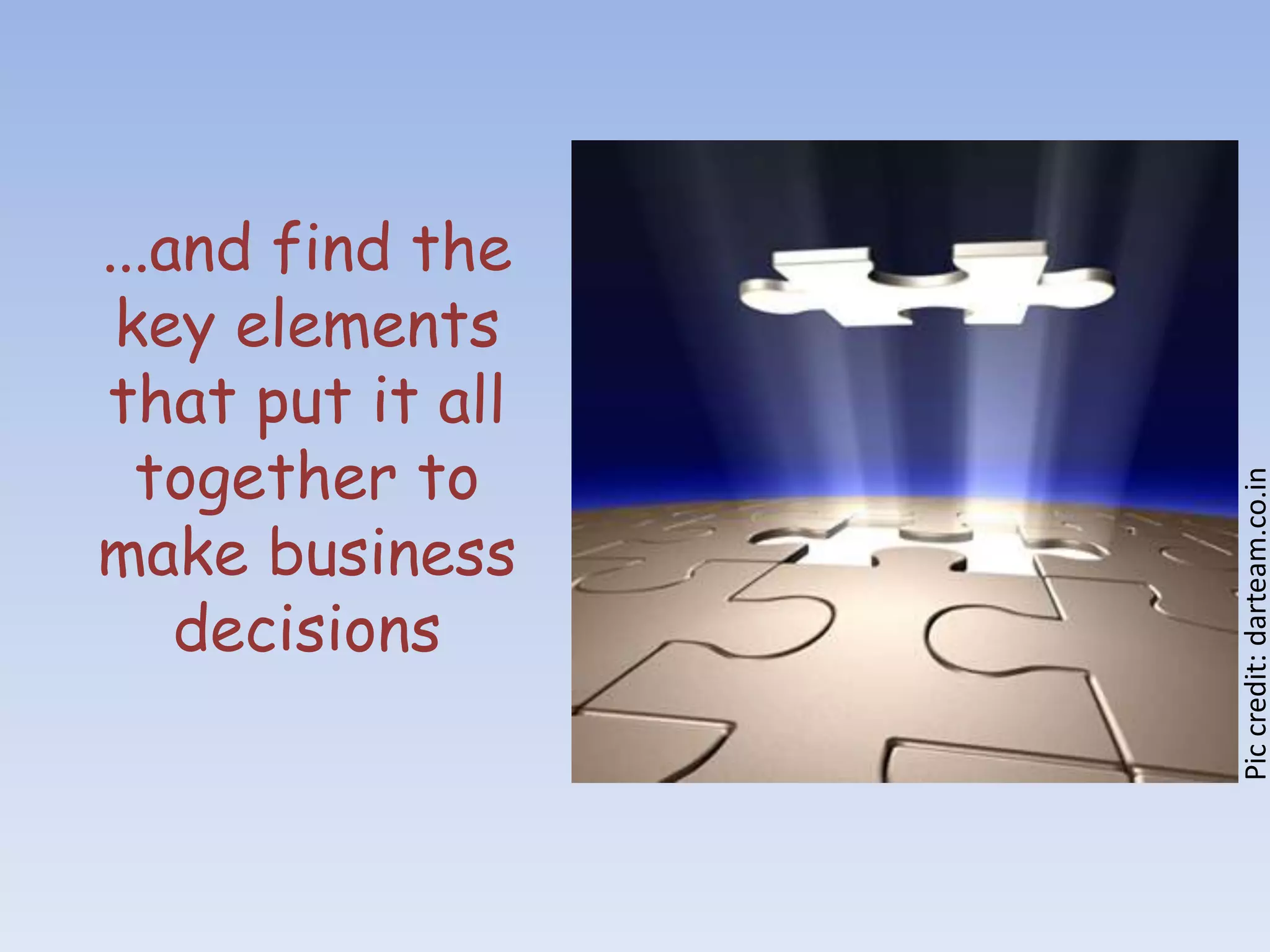 ...and find the
 key elements
that put it all
  together to




                  Pic credit: darteam.co.in
make business
    decisions
 