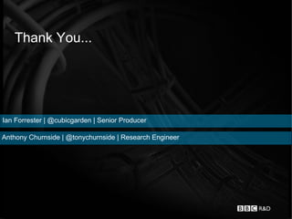 Thank You...




Ian Forrester | @cubicgarden | Senior Producer

Anthony Churnside | @tonychurnside | Research Engineer
 