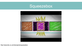 Squeezebox
http://www.bbc.co.uk/rd/projects/squeezebox
 