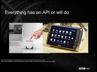 Everything has an API or will do




http://www.kickstarter.com/projects/ouya/ouya-a-new-kind-of-video-game-console
http://www.engadget.com/2012/08/22/nikon-coolpix-s800c-android-camera-pricing-ship-date-details/
 