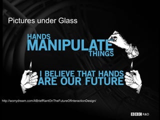 Pictures under Glass




http://worrydream.com/ABriefRantOnTheFutureOfInteractionDesign/
 