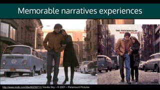 Memorable narratives experiences
http://www.imdb.com/title/tt0259711/ Vanilla Sky – © 2001 – Paramount Pictures
 