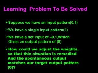 Learning  Problem To Be Solved How could we adjust the weights, so that this situation is remedied And the spontaneous output  matches our target output pattern (0)? We have a net input of –0.1,Which Gives an output pattern of (0) We have a single input pattern(1) Suppose we have an input pattern(0,1) 