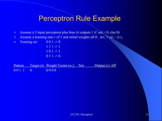 CS 270 - Perceptron 13
Perceptron Rule Example
 Assume a 3 input perceptron plus bias (it outputs 1 if net > 0, else 0)
 Assume a learning rate c of 1 and initial weights all 0: Dwi = c(t – z) xi
 Training set 0 0 1 -> 0
1 1 1 -> 1
1 0 1 -> 1
0 1 1 -> 0
Pattern Target (t) Weight Vector (wi) Net Output (z) DW
0 0 1 1 0 0 0 0 0
 