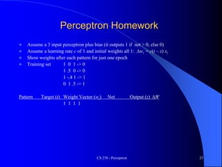 CS 270 - Perceptron 23
Perceptron Homework
 Assume a 3 input perceptron plus bias (it outputs 1 if net > 0, else 0)
 Assume a learning rate c of 1 and initial weights all 1: Dwi = c(t – z) xi
 Show weights after each pattern for just one epoch
 Training set 1 0 1 -> 0
1 .5 0 -> 0
1 -.4 1 -> 1
0 1 .5 -> 1
Pattern Target (t) Weight Vector (wi) Net Output (z) DW
1 1 1 1
 