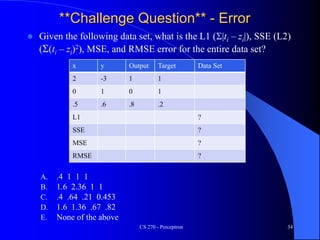 **Challenge Question** - Error
 Given the following data set, what is the L1 (S|ti – zi|), SSE (L2)
(S(ti – zi)2), MSE, and RMSE error for the entire data set?
CS 270 - Perceptron 34
x y Output Target Data Set
2 -3 1 1
0 1 0 1
.5 .6 .8 .2
L1 ?
SSE ?
MSE ?
RMSE ?
A. .4 1 1 1
B. 1.6 2.36 1 1
C. .4 .64 .21 0.453
D. 1.6 1.36 .67 .82
E. None of the above
 