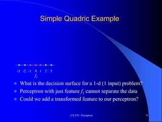 Simple Quadric Example
 What is the decision surface for a 1-d (1 input) problem?
 Perceptron with just feature f1 cannot separate the data
 Could we add a transformed feature to our perceptron?
CS 270 - Perceptron 51
-3 -2 -1 0 1 2 3
f1
 