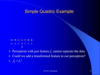 Simple Quadric Example
 Perceptron with just feature f1 cannot separate the data
 Could we add a transformed feature to our perceptron?
 f2 = f1
2
CS 270 - Perceptron 52
-3 -2 -1 0 1 2 3
f1
 