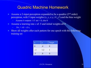 Quadric Machine Homework
 Assume a 2-input perceptron expanded to be a quadric (2nd order)
perceptron, with 5 input weights (x, y, x·y, x2, y2) and the bias weight
– Assume it outputs 1 if net > 0, else 0
 Assume a learning rate c of .5 and initial weights all 0
– Dwi = c(t – z) xi
 Show all weights after each pattern for one epoch with the following
training set
CS 270 - Perceptron 54
x y Target
0 .4 0
-.1 1.2 1
.5 .8 0
 