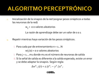 Inicialización de la sinapsis de la red (asignar pesos sinápticos a todas las neuronas de la red) w ij   =  0 o valores aleatorios La razón de aprendizaje debe ser un valor de 0 a 1 Repetir mientras haya variación de los pesos sinápticos. Para cada par de entrenamiento n = 1...N  wij (0) = 0 o valores aleatorios Para j = 1....m1 donde m1 es el número de neuronas de salida Si la señal de salida es diferente a la salida esperada, existe un error y se debe adaptar la sinapsis. Según  regla:  