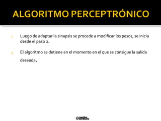 Luego de adaptar la sinapsis se procede a modificar los pesos, se inicia desde el paso 2. El algoritmo se detiene en el momento en el que se consigue la salida deseada . 