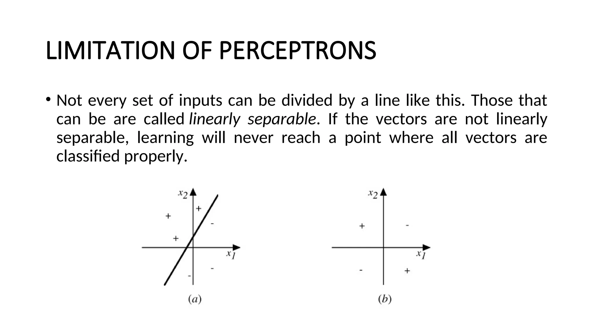 LIMITATION OF PERCEPTRONS
• Not every set of inputs can be divided by a line like this. Those that
can be are called linearly separable. If the vectors are not linearly
separable, learning will never reach a point where all vectors are
classified properly.
 