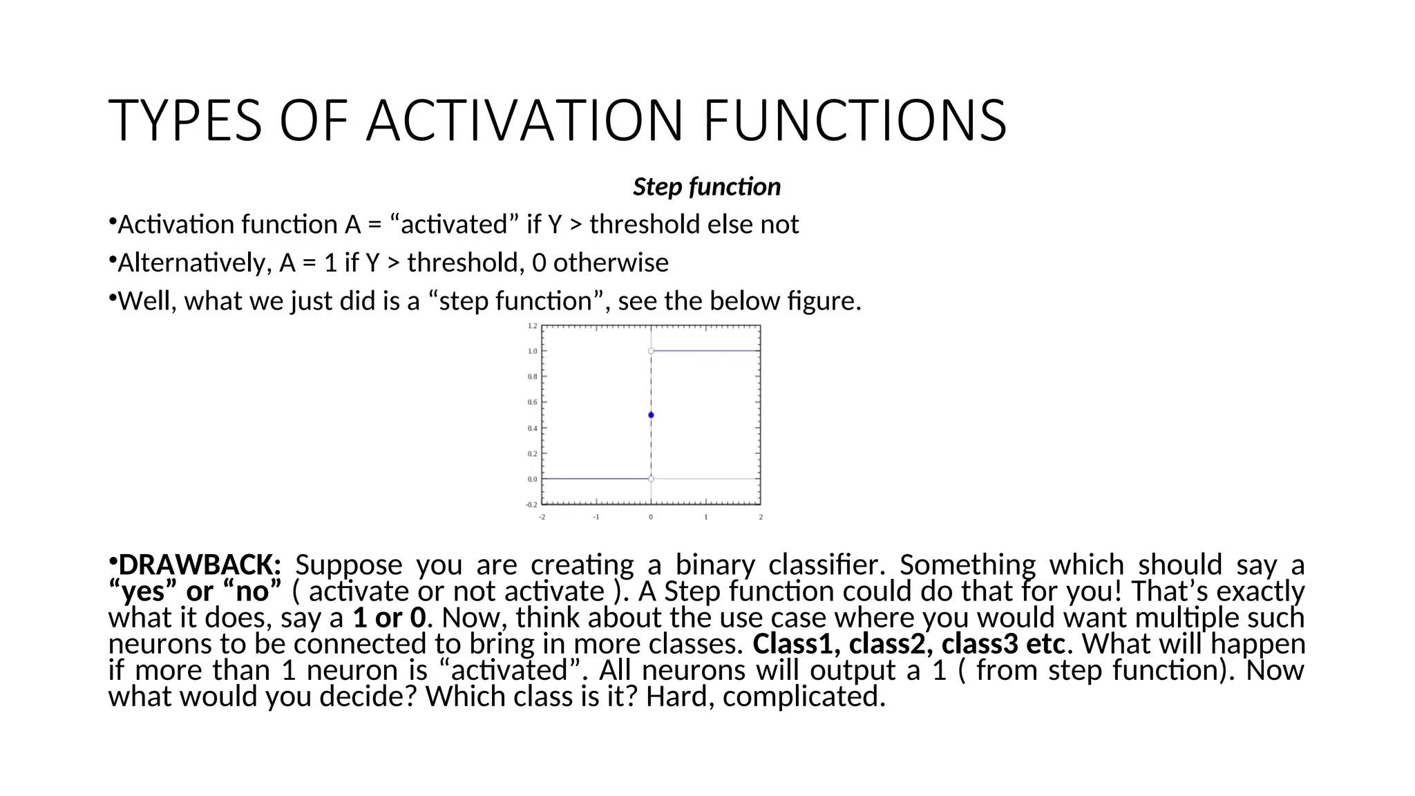 TYPES OF ACTIVATION FUNCTIONS
Step function
•Activation function A = “activated” if Y > threshold else not
•Alternatively, A = 1 if Y > threshold, 0 otherwise
•Well, what we just did is a “step function”, see the below figure.
•DRAWBACK: Suppose you are creating a binary classifier. Something which should say a
“yes” or “no” ( activate or not activate ). A Step function could do that for you! That’s exactly
what it does, say a 1 or 0. Now, think about the use case where you would want multiple such
neurons to be connected to bring in more classes. Class1, class2, class3 etc. What will happen
if more than 1 neuron is “activated”. All neurons will output a 1 ( from step function). Now
what would you decide? Which class is it? Hard, complicated.
 