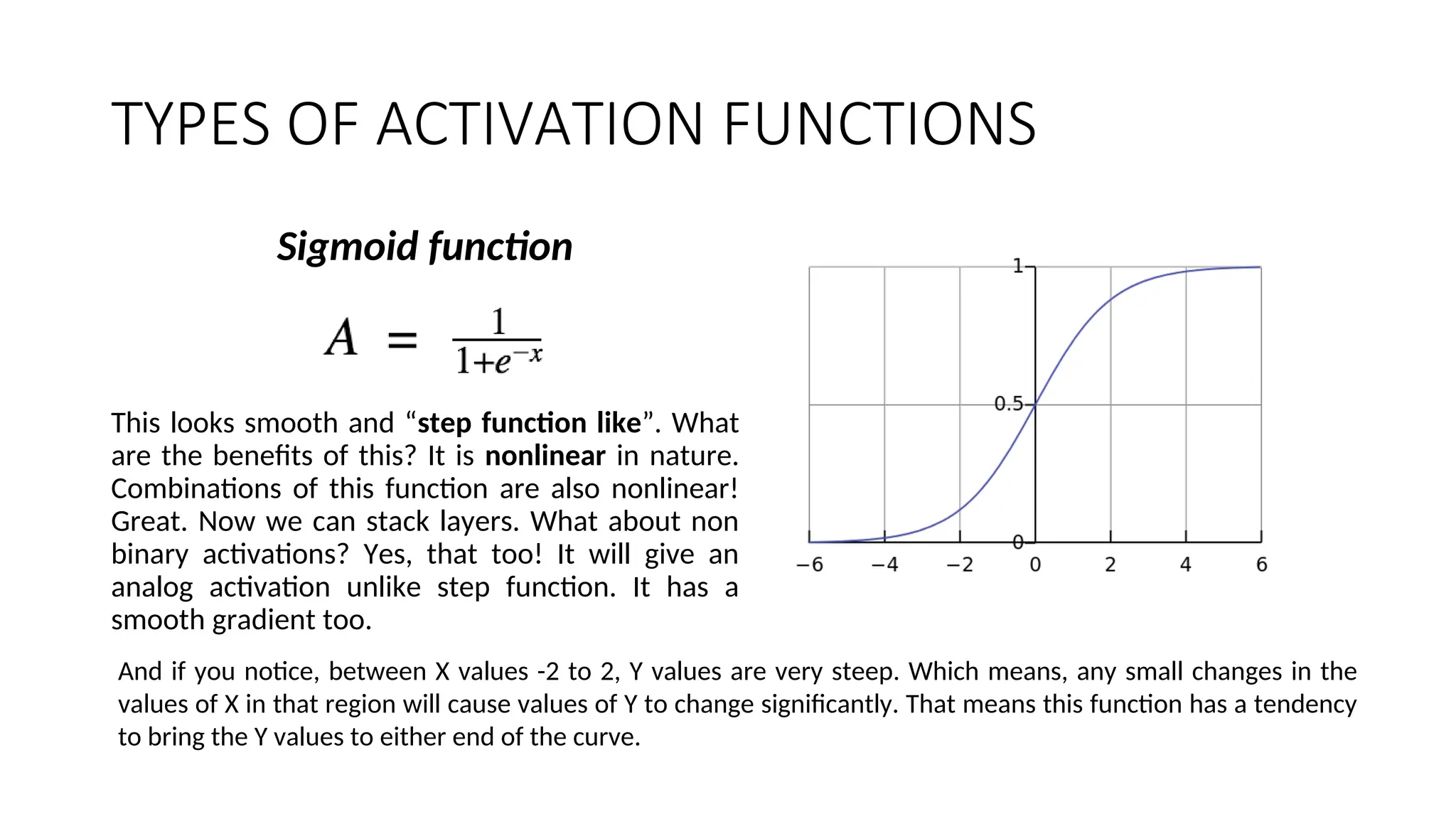TYPES OF ACTIVATION FUNCTIONS
Sigmoid function
This looks smooth and “step function like”. What
are the benefits of this? It is nonlinear in nature.
Combinations of this function are also nonlinear!
Great. Now we can stack layers. What about non
binary activations? Yes, that too! It will give an
analog activation unlike step function. It has a
smooth gradient too.
And if you notice, between X values -2 to 2, Y values are very steep. Which means, any small changes in the
values of X in that region will cause values of Y to change significantly. That means this function has a tendency
to bring the Y values to either end of the curve.
 