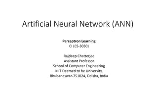Artificial Neural Network (ANN)
Perceptron Learning
CI (CS-3030)
Rajdeep Chatterjee
Assistant Professor
School of Computer Engineering
KIIT Deemed to be University,
Bhubaneswar-751024, Odisha, India
 