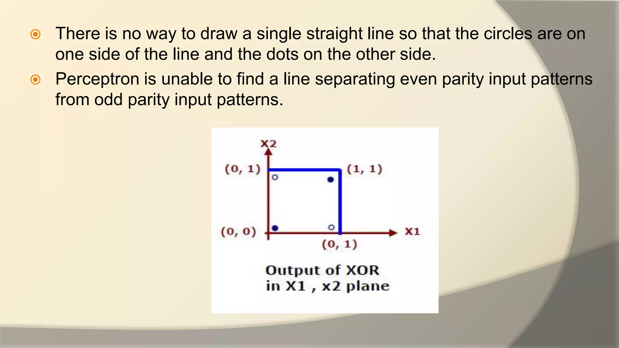  There is no way to draw a single straight line so that the circles are on
one side of the line and the dots on the other side.
 Perceptron is unable to find a line separating even parity input patterns
from odd parity input patterns.
 