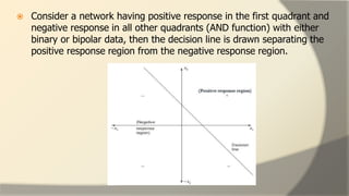  Consider a network having positive response in the first quadrant and
negative response in all other quadrants (AND function) with either
binary or bipolar data, then the decision line is drawn separating the
positive response region from the negative response region.
 