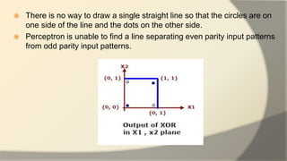  There is no way to draw a single straight line so that the circles are on
one side of the line and the dots on the other side.
 Perceptron is unable to find a line separating even parity input patterns
from odd parity input patterns.
 