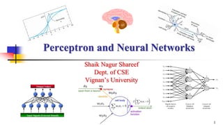 1
Perceptron and Neural Networks
Shaik Nagur Shareef
Dept. of CSE
Vignan’s University
Output Values
Input Signals (External Stimuli)
 