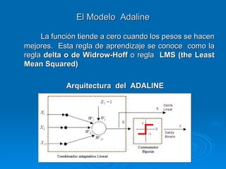 El Modelo Adaline

     La función tiende a cero cuando los pesos se hacen
mejores. Esta regla de aprendizaje se conoce como la
regla delta o de Widrow-Hoff o regla LMS (the Least
Mean Squared)

            Arquitectura del ADALINE
 