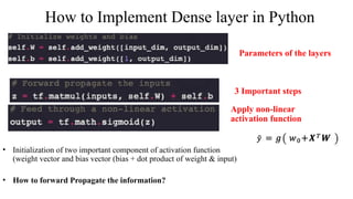 How to Implement Dense layer in Python
• Initialization of two important component of activation function
(weight vector and bias vector (bias + dot product of weight & input)
• How to forward Propagate the information?
Parameters of the layers
3 Important steps
Apply non-linear
activation function
 