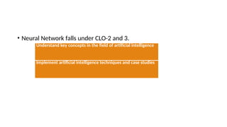 • Neural Network falls under CLO-2 and 3.
Understand key concepts in the field of artificial intelligence
Implement artificial intelligence techniques and case studies
 