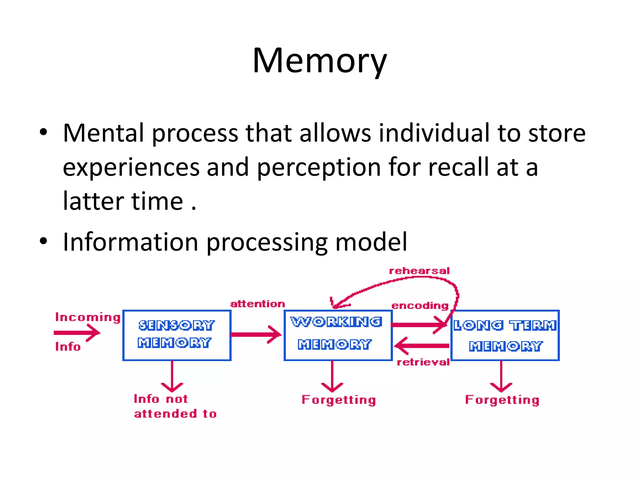 Memory
• Mental process that allows individual to store
experiences and perception for recall at a
latter time .
• Information processing model

 