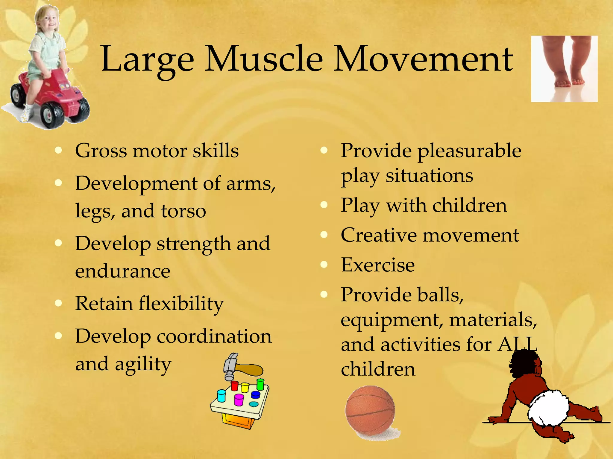 Large Muscle Movement Gross motor skills Development of arms, legs, and torso Develop strength and endurance Retain flexibility Develop coordination and agility Provide pleasurable play situations Play with children Creative movement Exercise Provide balls, equipment, materials, and activities for ALL children 