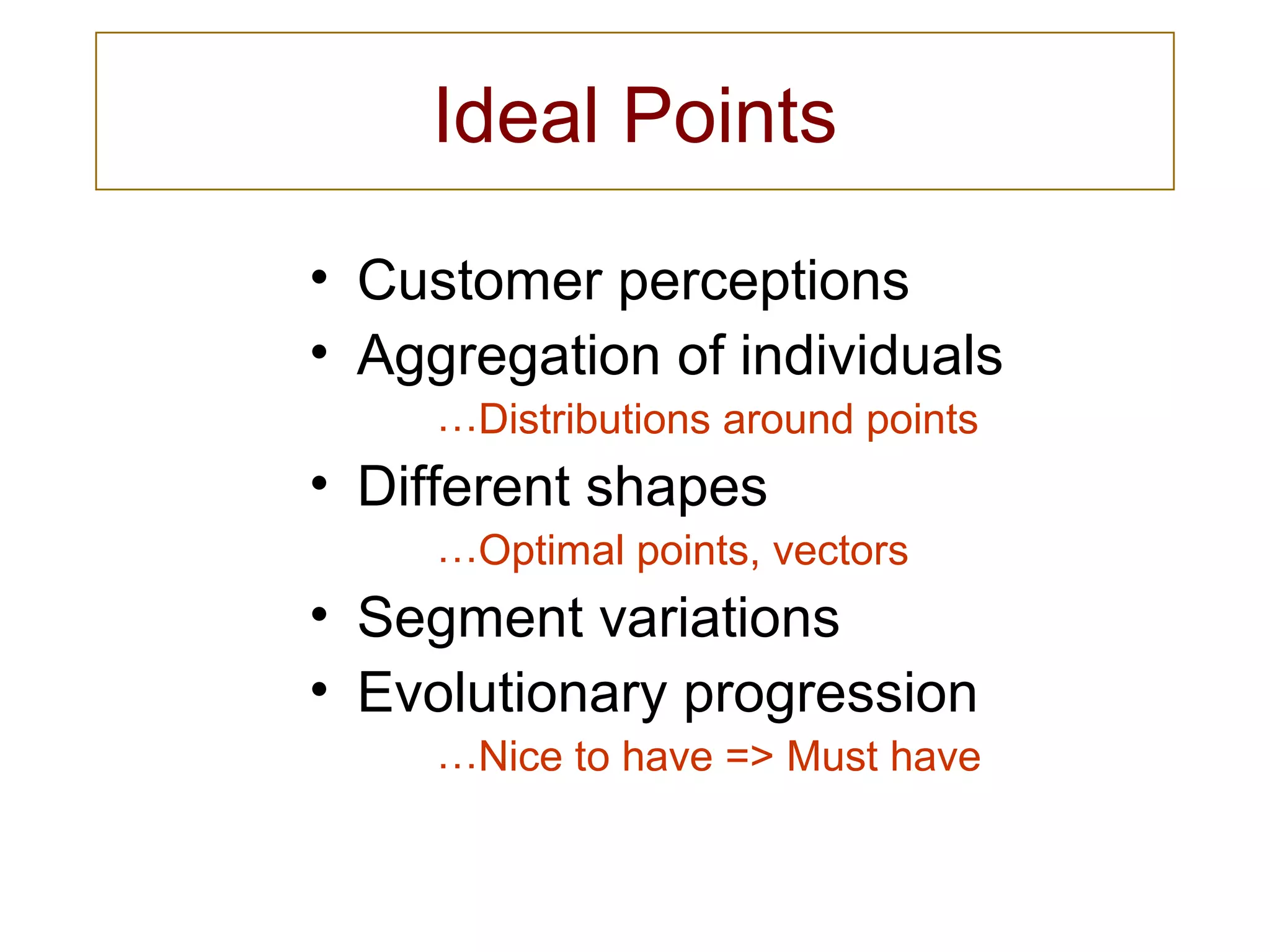 Ideal Points
• Customer perceptions
• Aggregation of individuals
…Distributions around points
• Different shapes
…Optimal points, vectors
• Segment variations
• Evolutionary progression
…Nice to have => Must have
 