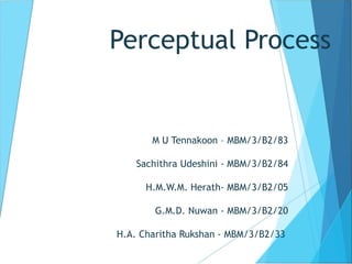 Perceptual Process
M U Tennakoon – MBM/3/B2/83
Sachithra Udeshini - MBM/3/B2/84
H.M.W.M. Herath- MBM/3/B2/05
G.M.D. Nuwan - MBM/3/B2/20
H.A. Charitha Rukshan - MBM/3/B2/33
 
