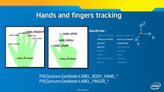 Intel Confidential
X
Z
Y
Hands and fingers tracking
GeoNode:
– PXCPoint3DF32 positionWorld;
– PXCPoint3DF32 positionImage;
– pxcU64 timeStamp;
– pxcU32 confidence;
– pxcF32 radius;
– Label body;
– PXCPoint3DF32 normal;
– pxcU32 openness;
o HAND_FINGERTIP
PXCGesture::GeoNode::LABEL_BODY_HAND_*
PXCGesture::GeoNode::LABEL_FINGER_*
o HAND_UPPER
o HAND_MIDDLE
o HAND_LOWER
 