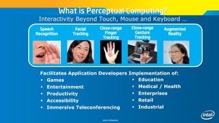 Intel Confidential
What is Perceptual Computing?
Interactivity Beyond Touch, Mouse and Keyboard …
Facial
Tracking
Speech
Recognition
Close-range
Finger
Tracking
Augmented
Reality
Close-range
Gesture
Tracking
Facilitates Application Developers Implementation of:
 Games
 Entertainment
 Productivity
 Accessibility
 Immersive Teleconferencing
 Education
 Medical / Health
 Enterprises
 Retail
 Industrial
 