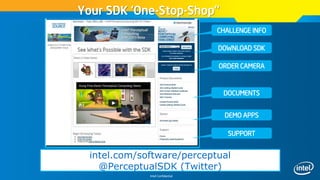 Intel Confidential
Your SDK ‘One-Stop-Shop”
intel.com/software/perceptual
@PerceptualSDK (Twitter)
CHALLENGE INFO
DOWNLOAD SDK
ORDER CAMERA
DOCUMENTS
DEMO APPS
SUPPORT
 
