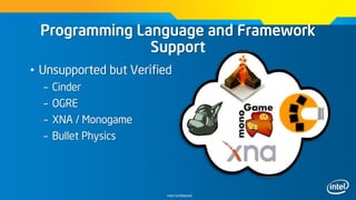 Intel Confidential
Programming Language and Framework
Support
• Unsupported but Verified
– Cinder
– OGRE
– XNA / Monogame
– Bullet Physics
 