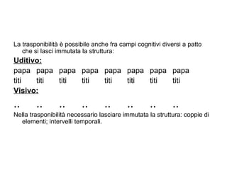 La trasponibilità è possibile anche fra campi cognitivi diversi a patto
che si lasci immutata la struttura:
Uditivo:
papa papa papa papa papa papa papa papa
titi titi titi titi titi titi titi titi
Visivo:
.. .. .. .. .. .. .. ..
Nella trasponibilità necessario lasciare immutata la struttura: coppie di
elementi; intervelli temporali.
 