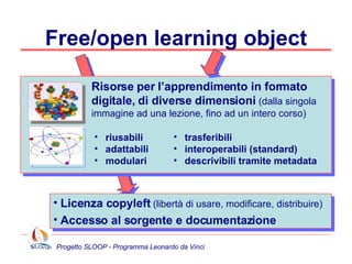 I risultati Progetto SLOOP - Programma Leonardo da Vinci Il sito: portale ai prodotti e ambiente di discussione LO per la formazione degli studenti LO per la formazione degli insegnanti Il freeLOms  (free LO management system) Comunità di pratiche Corsi di formazione per gli insegnanti 