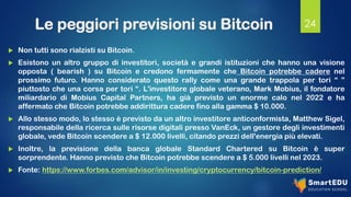 Le peggiori previsioni su Bitcoin
 Non tutti sono rialzisti su Bitcoin.
 Esistono un altro gruppo di investitori, società e grandi istituzioni che hanno una visione
opposta ( bearish ) su Bitcoin e credono fermamente che Bitcoin potrebbe cadere nel
prossimo futuro. Hanno considerato questo rally come una grande trappola per tori “ ”
piuttosto che una corsa per tori “. L'investitore globale veterano, Mark Mobius, il fondatore
miliardario di Mobius Capital Partners, ha già previsto un enorme calo nel 2022 e ha
affermato che Bitcoin potrebbe addirittura cadere fino alla gamma $ 10.000.
 Allo stesso modo, lo stesso è previsto da un altro investitore anticonformista, Matthew Sigel,
responsabile della ricerca sulle risorse digitali presso VanEck, un gestore degli investimenti
globale, vede Bitcoin scendere a $ 12.000 livelli, citando prezzi dell'energia più elevati.
 Inoltre, la previsione della banca globale Standard Chartered su Bitcoin è super
sorprendente. Hanno previsto che Bitcoin potrebbe scendere a $ 5.000 livelli nel 2023.
 Fonte: https://www.forbes.com/advisor/in/investing/cryptocurrency/bitcoin-prediction/
24
 