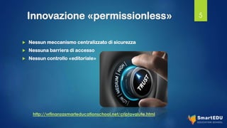 Innovazione «permissionless»
 Nessun meccanismo centralizzato di sicurezza
 Nessuna barriera di accesso
 Nessun controllo «editoriale»
5
http://vrfinanzasmarteducationschool.net/criptovalute.html
 