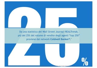 25                      Da una statistica del Wall Street Journal/REALTrends,
                      più del 25% del volume di vendite degli agenti “top 250”
                                       proviene dal network Coldwell Banker®.*




*Individual and team rankings for sales volume in the Wall Street Journal/REAL Trends The Thousand Top Real Estate Professionals list 2011.
                                                                                                                                              %
 
