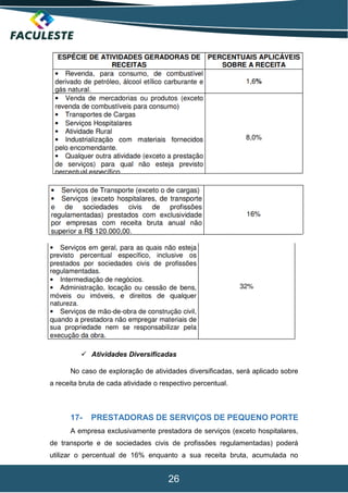 26
 Atividades Diversificadas
No caso de exploração de atividades diversificadas, será aplicado sobre
a receita bruta de cada atividade o respectivo percentual.
17- PRESTADORAS DE SERVIÇOS DE PEQUENO PORTE
A empresa exclusivamente prestadora de serviços (exceto hospitalares,
de transporte e de sociedades civis de profissões regulamentadas) poderá
utilizar o percentual de 16% enquanto a sua receita bruta, acumulada no
 