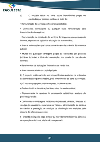 31
a) O imposto retido na fonte sobre importâncias pagas ou
creditadas por pessoas jurídicas a título de:
• Remuneração de serviços profissionais prestados;
• Comissões, corretagens ou qualquer outra remuneração pela
intermediação de negócios;
• Remuneração da prestação de serviços de limpeza e conservação de
imóveis, segurança e vigilância e locação de mão-de-obra;
• Juros e indenizações por lucros cessantes em decorrência de sentença
judicial;
• Multas ou quaisquer vantagens pagas ou creditadas por pessoas
jurídicas, inclusive a título de indenização, em virtude de rescisão de
contrato;
• Rendimentos de aplicações financeiras de renda fixa;
• Juros remuneratórios do capital próprio;
b) O imposto retido na fonte sobre importâncias recebidas de entidades
da administração pública federal, pelo fornecimento de bens ou serviços;
c) O imposto pago pela própria empresa, incidente sobre:
• Ganhos líquidos de aplicações financeiras de renda variável;
• Remuneração de serviços de propaganda publicidade recebida de
pessoas jurídicas;
• Comissões e corretagens recebidas de pessoas jurídicas, relativas a:
vendas de passagens, excursões ou viagens, administração de cartões
de crédito; e prestação de serviços de distribuição de refeições pelo
sistema de refeições convênio;
II - O saldo de imposto pago à maior ou indevidamente relativo a períodos
de apuração anteriores, ainda não compensado.
 