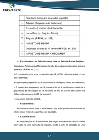 47
 Recolhimento por Estimativa com base na Receita Bruta e Adições
Cálculo das Antecipações Mensais em função da opção pela sistemática do lucro
estimado (RIR/99, art. 222):
• O contribuinte pode optar por recolher seu IR e CSLL calculado sobre o lucro
base estimado;
• A opção pelo pagamento do IR anualmente é válida para todo o anocalendário;
• A opção pelo pagamento do IR anualmente será manifestada mediante o
pagamento da antecipação do IR, referente ao mês de janeiro, até o último dia
útil do mês subsequente (28 de fevereiro);
• A opção se estende à CSLL.
 Recolhimento:
O imposto é anual, mas o recolhimento das antecipações deve ocorrer no
último dia do mês subsequente ao de apuração.
 Base de Cálculo
As antecipações do IR que devem ser pagas mensalmente são calculadas
com base no lucro estimado da empresa, obtido a partir da aplicação de uma
 