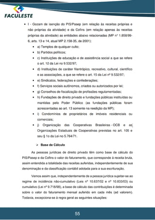 55
 Base de Cálculo
As pessoas jurídicas de direito privado têm como base de cálculo do
PIS/Pasep e da Cofins o valor do faturamento, que corresponde à receita bruta,
assim entendida a totalidade das receitas auferidas, independentemente de sua
denominação e da classificação contábil adotada para a sua escrituração.
Vemos assim que, independentemente de a pessoa jurídica sujeitar-se ao
regime de incidência não-cumulativo (Leis nº 10.637/02 e nº 10.833/03) ou
cumulativo (Lei nº 9.718/98), a base de cálculo das contribuições é determinada
sobre o valor do faturamento mensal auferido em cada mês (ad valorem).
Todavia, excepciona-se à regra geral as seguintes situações:
 