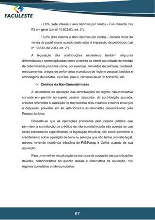 67
• 7,6% (sete inteiros e seis décimos por cento) – Faturamento das
PJ em geral (Lei nº 10.833/03, art. 2º).
• 3,2% (três inteiros e dois décimos por cento) – Receita bruta da
venda de papel imune quando destinados à impressão de periódicos (Lei
nº 10.833, de 2003, art. 2º).
A legislação das contribuições estabelece também alíquotas
diferenciadas a serem aplicadas sobre a receita da venda ou unidade de medida
de determinados produtos como, por exemplo, derivados de petróleo, biodiesel,
medicamentos, artigos de perfumarias e produtos de higiene pessoal, bebidas e
embalagens de bebidas, veículos, pneus, câmaras-de-ar de borracha, etc.
 Créditos da Não-Cumulatividade
A sistemática de apuração das contribuições no regime não-cumulativo
consiste em permitir ao sujeito passivo descontar, da contribuição apurada,
créditos referentes à aquisição de mercadorias e/ou insumos e outros encargos
e despesas, previstos em lei, relacionados às atividades desenvolvidas pela
Pessoa Jurídica.
Ressalte-se que as operações praticadas pela pessoa jurídica que
permitem a constituição de créditos da não-cumulatividade são apenas as que
estão estritamente especificadas na legislação tributária, não sendo permitido o
creditamento sobre aquisição de bens ou serviços que não tenha previsão legal,
mesmo havendo incidência tributária de PIS/Pasep e Cofins quando de sua
aquisição.
Para uma melhor visualização da estrutura de apuração das contribuições
devidas, demonstramos no quadro abaixo a sistemática de apuração, nos
regimes cumulativo e não-cumulativo:
 